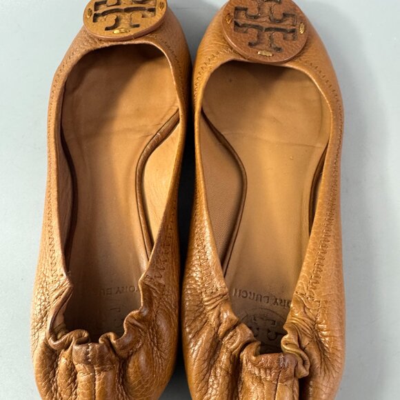 Tory Burch British Tan Leather Reva Flats Tumbled Leather Logo - Picture 7 of 13